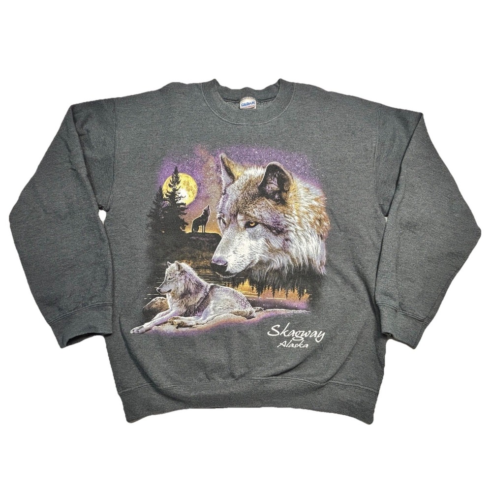 Vintage Skagway Alaska Wolf Sweatshirt Gildan Heavy Blend Graphic Nature M